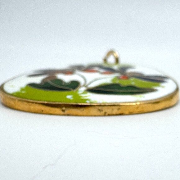 Vintage Cloisonné Enamel Floral Pendant With Gold-Tone Trim - Picture 5 of 8
